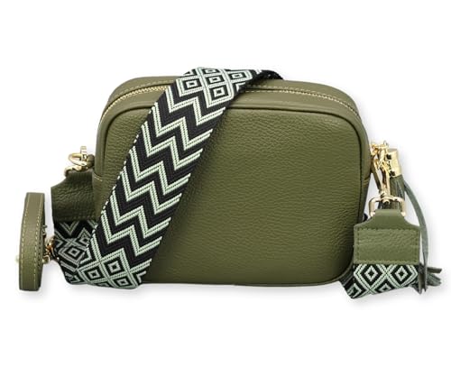 BRISE Umhängetasche Damen Echtleder KIRA Gold Handgemachte Crossbody Bag Schultertasche mit Ledergurt + Optionalen Breiten Gemusterten Riemen Verstellbarer Gurt Made in Italy (Khaki - 2) von Brise Art