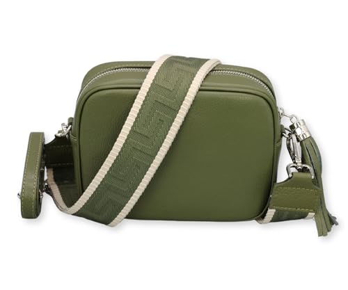 BRISE Umhängetasche Damen Echtleder KIRA Silber Handgemachte Crossbody Bag Schultertasche mit Ledergurt + Optionalen Breiten Gemusterten Riemen Verstellbarer Gurt Made in Italy (Khaki - 5) von Brise Art