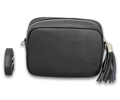 BRISE Umhängetasche Damen Echtleder KIRA Silber Handgemachte Crossbody Bag Schultertasche mit Ledergurt Gürteltasche Made in Italy (Schwarz - 1) von Brise Art