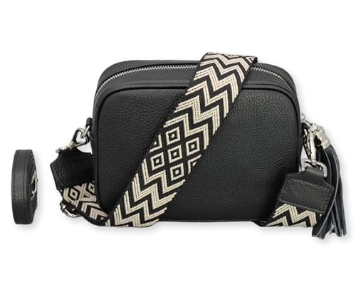 BRISE Umhängetasche Damen Echtleder KIRA Silber Handgemachte Crossbody Bag Schultertasche mit Ledergurt + Optionalen Breiten Gemusterten Riemen Verstellbarer Gurt Made in Italy (Schwarz - 3) von Brise Art