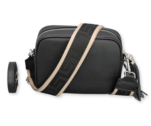 BRISE Umhängetasche für Damen KIRA Handgemachte Crossbody Bag Schultertasche aus 100% Echtleder mit Ledergurt + Breiten Gemusterten Riemen Verstellbarer Gurt Made in Italy (Schwarz - 4) von Brise Art