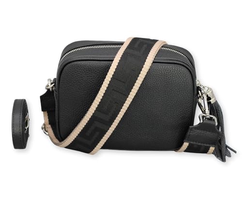 BRISE Umhängetasche Damen Echtleder KIRA Silber Handgemachte Crossbody Bag Schultertasche mit Ledergurt + Optionalen Breiten Gemusterten Riemen Verstellbarer Gurt Made in Italy (Schwarz - 4) von Brise Art