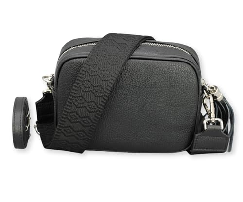 BRISE Umhängetasche Damen Echtleder KIRA Silber Handgemachte Crossbody Bag Schultertasche mit Ledergurt + Optionalen Breiten Gemusterten Riemen Verstellbarer Gurt Made in Italy (Schwarz - 5) von Brise Art