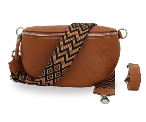 BRISE Damen Bauchtasche SAHEL Handgemachte Umhängetasche Crossbody Bag Gürteltasche Echtes Leder mit Ledergurt + Breiten Gemusterten Riemen Stylische Made in Italy Hüfttasche (Cognac Braun-Silber4) von Brise Art