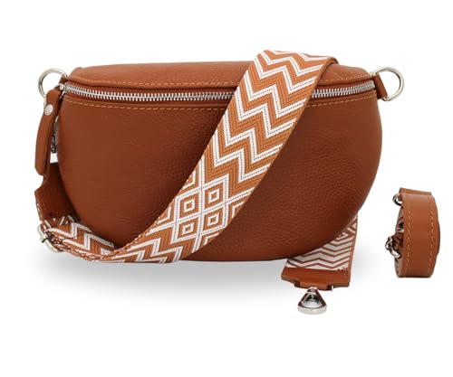 BRISE Damen Bauchtasche SAHEL Handgemachte Umhängetasche Crossbody Bag Gürteltasche Echtes Leder mit Ledergurt + Breiten Gemusterten Riemen Stylische Made in Italy Hüfttasche (Cognac Braun-Silber3) von Brise Art