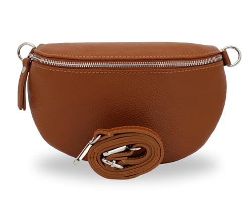 BRISE Bauchtasche Damen Echtleder SAHEL Silber Handgemachte Umhängetasche Crossbody Bag Hüfttasche mit Ledergurt Schultertasche Gürteltasche Made in Italy (Cognac Braun-Silber 1) von Brise Art