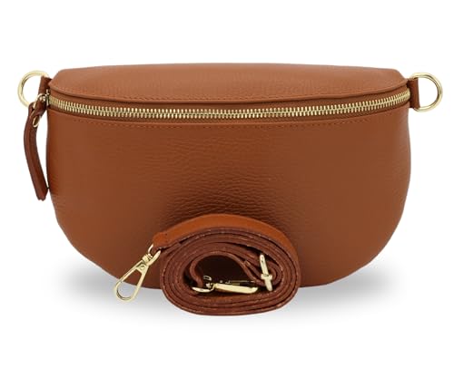 BRISE Bauchtasche Damen Echtleder SAHEL Gold Handgemachte Umhängetasche Crossbody Bag Hüfttasche mit Ledergurt Schultertasche Gürteltasche Made in Italy (Cognac Braun-Gold 1) von Brise Art