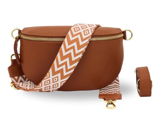 BRISE Damen Bauchtasche SAHEL Handgemachte Umhängetasche Crossbody Bag Gürteltasche Echtes Leder mit Ledergurt + Breiten Gemusterten Riemen Stylische Made in Italy Hüfttasche (Cognac Braun-Gold 3) von Brise Art