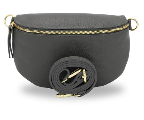 BRISE Damen Bauchtasche SAHEL Handgemachte Umhängetasche Crossbody Bag Gürteltasche Echtes Leder mit Ledergurt + Breiten Gemusterten Riemen Stylische Made in Italy Hüfttasche (Dunkelgrau-Gold 1) von Brise Art