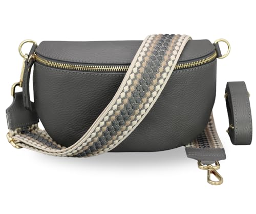 BRISE Damen Bauchtasche SAHEL Handgemachte Umhängetasche Crossbody Bag Gürteltasche Echtes Leder mit Ledergurt + Breiten Gemusterten Riemen Stylische Made in Italy Hüfttasche (Dunkelgrau-Gold 2) von Brise Art