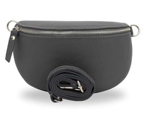 BRISE Damen Bauchtasche SAHEL Handgemachte Umhängetasche Crossbody Bag Gürteltasche Echtes Leder mit Ledergurt + Breiten Gemusterten Riemen Stylische Made in Italy Hüfttasche (Dunkelgrau-Silber 1) von Brise Art