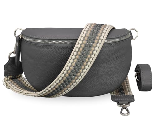 BRISE Damen Bauchtasche SAHEL Handgemachte Umhängetasche Crossbody Bag Gürteltasche Echtes Leder mit Ledergurt + Breiten Gemusterten Riemen Stylische Made in Italy Hüfttasche (Dunkelgrau-Silber 2) von Brise Art