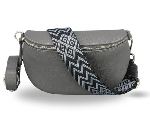 BRISE Bauchtasche Damen Echtleder SAHEL Silber Handgemachte Umhängetasche Crossbody Bag Hüfttasche mit Ledergurt + Optionalen Breiten Gemusterten Riemen Made in Italy (Dunkelgrau-Silber 2) von Brise Art