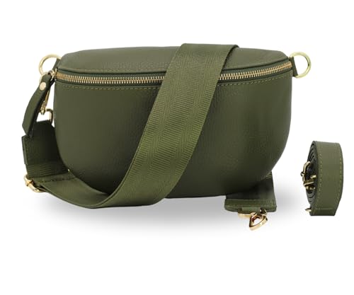 BRISE Damen Bauchtasche SAHEL Handgemachte Umhängetasche Crossbody Bag Gürteltasche Echtes Leder mit Ledergurt + Breiten Gemusterten Riemen Stylische Made in Italy Hüfttasche (Khaki-Gold 3) von Brise Art