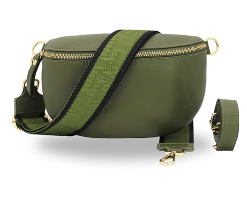 BRISE Damen Bauchtasche SAHEL Handgemachte Umhängetasche Crossbody Bag Gürteltasche Echtes Leder mit Ledergurt + Breiten Gemusterten Riemen Stylische Made in Italy Hüfttasche (Khaki-Gold 5) von Brise Art