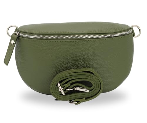 BRISE Damen Bauchtasche SAHEL Handgemachte Umhängetasche Crossbody Bag Gürteltasche Echtes Leder mit Ledergurt + Breiten Gemusterten Riemen Stylische Made in Italy Hüfttasche (Khaki-Silber 1) von Brise Art