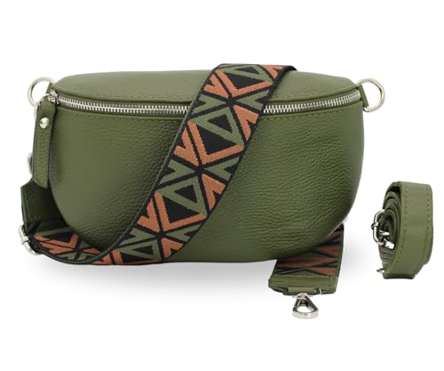 BRISE Damen Bauchtasche SAHEL Handgemachte Umhängetasche Crossbody Bag Gürteltasche Echtes Leder mit Ledergurt + Breiten Gemusterten Riemen Stylische Made in Italy Hüfttasche (Khaki-Silber 3) von Brise Art