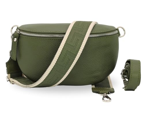 BRISE Bauchtasche Damen Echtleder SAHEL Silber Handgemachte Umhängetasche Crossbody Bag Hüfttasche mit Ledergurt + Optionalen Breiten Gemusterten Riemen Gürteltasche Made in Italy (Khaki-Silber 3) von Brise Art