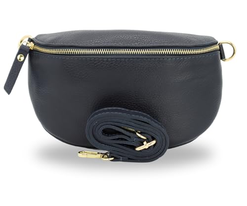 BRISE Bauchtasche Damen Echtleder SAHEL Gold Handgemachte Umhängetasche Crossbody Bag Hüfttasche mit Ledergurt Schultertasche Gürteltasche Made in Italy (Navyblau-Gold 1) von Brise Art