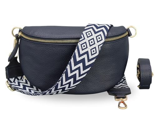 BRISE Damen Bauchtasche SAHEL Handgemachte Umhängetasche Crossbody Bag Gürteltasche Echtes Leder mit Ledergurt + Breiten Gemusterten Riemen Stylische Made in Italy Hüfttasche (Navyblau-Gold 2) von Brise Art