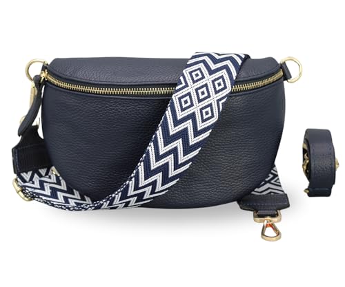 BRISE Bauchtasche Damen Echtleder SAHEL Gold Handgemachte Umhängetasche Crossbody Bag Hüfttasche mit Ledergurt + Optionalen Breiten Gemusterten Riemen Gürteltasche Made in Italy (Navyblau-Gold 2) von Brise Art