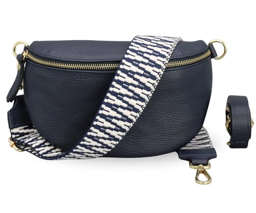 BRISE Damen Bauchtasche SAHEL Handgemachte Umhängetasche Crossbody Bag Gürteltasche Echtes Leder mit Ledergürtel + Breiten Gemusterten Riemen Stylische Made in Italy Hüfttasche (Navyblau-Gold 4) von Brise Art