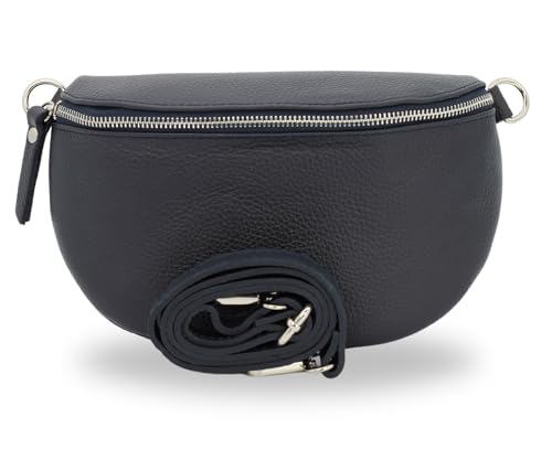 BRISE Damen Bauchtasche SAHEL Handgemachte Umhängetasche Crossbody Bag Gürteltasche Echtes Leder mit Ledergurt + Breiten Gemusterten Riemen Stylische Made in Italy Hüfttasche (Navyblau-Silber 1) von Brise Art