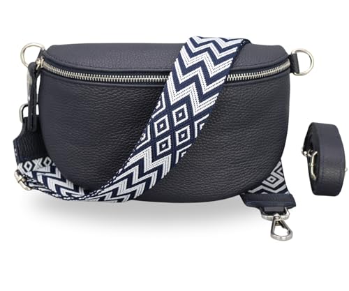 BRISE Bauchtasche Damen Echtleder SAHEL Silber Handgemachte Umhängetasche Crossbody Bag Hüfttasche mit Ledergurt + Optionalen Breiten Gemusterten Riemen Gürteltasche Made in Italy (Navyblau-Silber 2) von Brise Art
