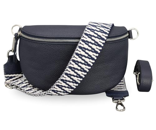 BRISE Damen Bauchtasche SAHEL Handgemachte Umhängetasche Crossbody Bag Gürteltasche Echtes Leder mit Ledergurt + Breiten Gemusterten Riemen Stylische Made in Italy Hüfttasche (Navyblau-Silber 4) von Brise Art