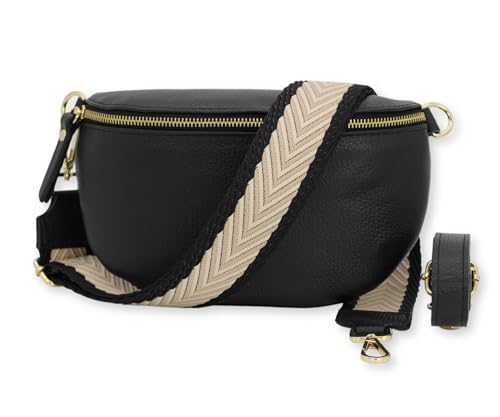 BRISE Damen Bauchtasche SAHEL Handgemachte Umhängetasche Crossbody Bag Gürteltasche Echtes Leder mit Ledergurt + Breiten Gemusterten Riemen Stylische Made in Italy Hüfttasche (Schwarz-Gold 2) von Brise Art