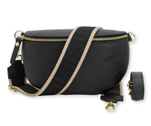 BRISE Damen Bauchtasche SAHEL Handgemachte Umhängetasche Crossbody Bag Gürteltasche Echtes Leder mit Ledergurt + Breiten Gemusterten Riemen Stylische Made in Italy Hüfttasche (Schwarz-Gold 4) von Brise Art