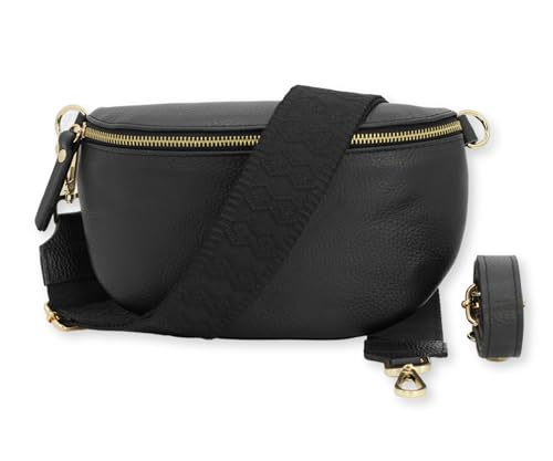 BRISE Damen Bauchtasche SAHEL Handgemachte Umhängetasche Crossbody Bag Gürteltasche Echtes Leder mit Ledergurt + Breiten Gemusterten Riemen Stylische Made in Italy Hüfttasche (Schwarz-Gold 5) von Brise Art