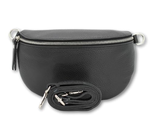 BRISE Damen Bauchtasche SAHEL Handgemachte Umhängetasche Crossbody Bag Gürteltasche Echtes Leder mit Ledergurt + Breiten Gemusterten Riemen Stylische Made in Italy Hüfttasche (Schwarz-Silber 1) von Brise Art