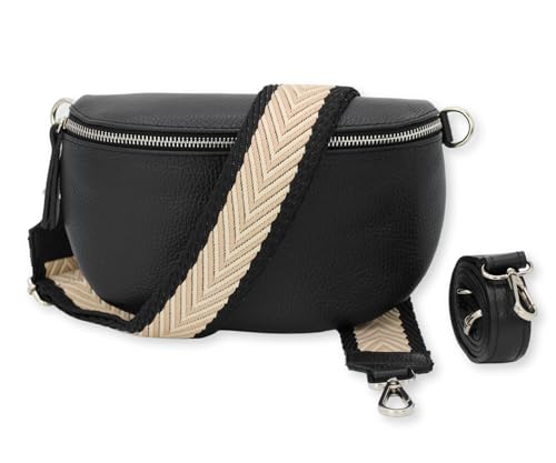 BRISE Damen Bauchtasche SAHEL Handgemachte Umhängetasche Crossbody Bag Gürteltasche Echtes Leder mit Ledergurt + Breiten Gemusterten Riemen Stylische Made in Italy Hüfttasche (Schwarz-Silber 2) von Brise Art