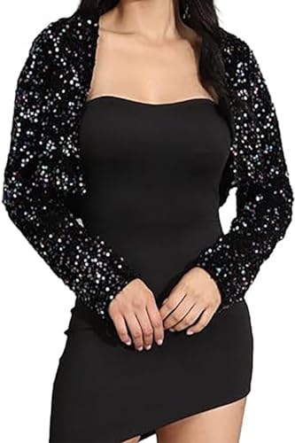 Brishow Damen Pailletten Bolero Langarm Open Front Top Shrug Abendparty Cardigan Schulterjacke (DE/NL/SE/PL, Alphanumerisch, L, Regular, Regular, Schwarz) von Brishow