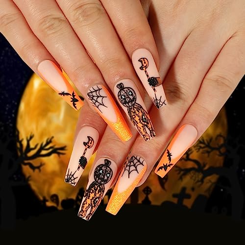 Brishow Künstliche Fingernägel, Sarg, Halloween-Dekorationen, Kürbis, zum Aufkleben, Ballerina, Acryl, lang, 24 Stück für Frauen und Mädchen von Brishow