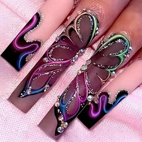 Brishow Lang Künstliche Nägel Schmetterling Nägel zum Aufkleben Pailletten Press on Nails Ballerina Acryl 24 Stück für Frauen und Mädchen von Brishow