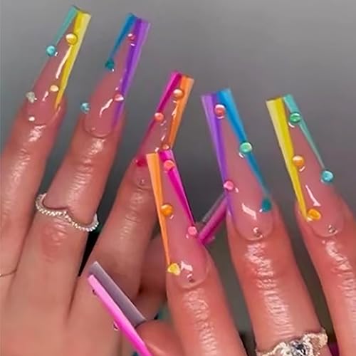 Brishow Künstliche Nägel Lang Nägel zum Aufkleben French Perle Press on Nails Ballerina Acryl Fake Nails 24 Stück für Frauen und Mädchen von Brishow