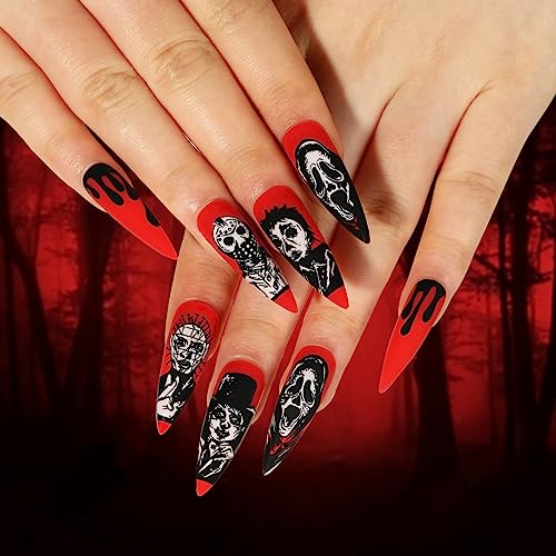 Brishow Künstliche Nägel, Halloween-Dekorationen, Nägel zum Aufkleben, Totenkopf, Blut, Press on Nails lang, 24 Stück für Frauen und Mädchen von Brishow