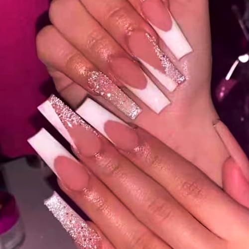 Brishow Rosa Künstliche Nägel Lang, Nägel zum Aufkleben, French Glitzer Press on Nails, Ballerina Acryl Fake Nails 24 Stück für Frauen und Mädchen von Brishow