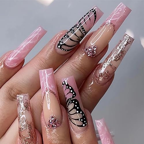 Brishow Künstliche Nägel Schmetterling Nägel zum Aufkleben Lang Rosa Press on Nails Ballerina Acryl Nägel 24 Stück für Frauen und Mädchen von Brishow