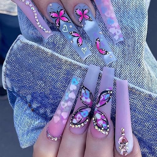 Brishow Künstliche Nägel, lang, Schmetterling, Kristall, press on nails, violetter Farbverlauf, Ballerina, Acryl, Nägel zum Aufkleben, 24 Stück für Frauen und Mädchen von Brishow