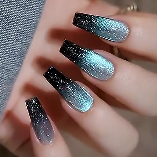 Brishow Künstliche Nägel, lang Nägel zum Aufkleben, blau, schwarz, Kristall, Press on Nails, Katzenaugen, wiederverwendbar, 24 Stück für Frauen und Mädchen von Brishow