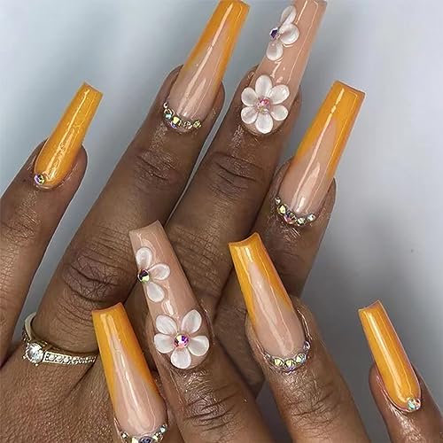 Brishow Künstliche Nägel Lang French Nägel zum Aufkleben Orange Blumen Press on Nails Ballerina Acryl Stick on Nails 24 Stück für Frauen und Mädchen von Brishow