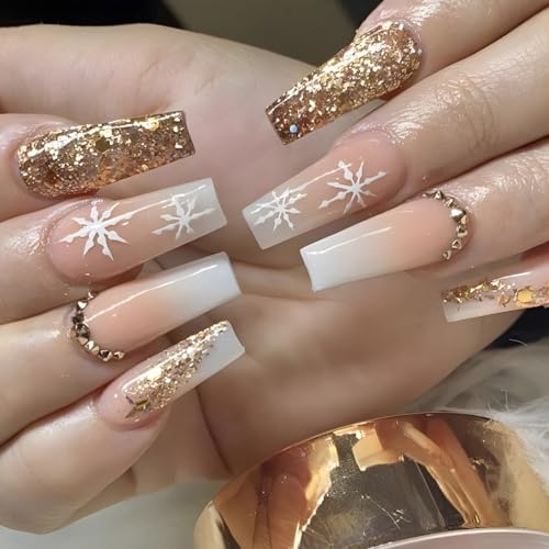 Brishow Weihnachten Künstliche Nägel zum Aufkleben Schnee Press on Nails Glitter Kurze Falsche Nägel Ballerina Acryl False Nails 24 Stück für Frauen und Mädchen (e) von Brishow