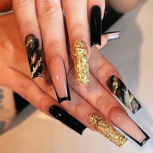 Brishow Lange Nägel zum Aufkleben Rosa Künstliche Nägel Gold Glitzer Press on Nails Ballerina Acryl Falsche Nägel 24 Stück für Frauen und Mädchen von Brishow