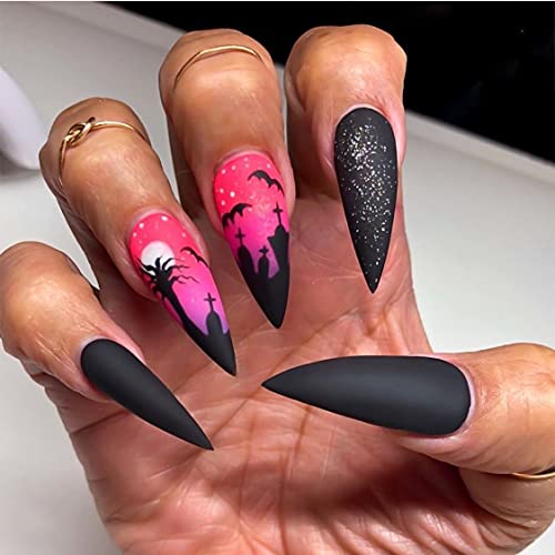 Brishow Künstliche Nägel, schwarz, Fledermaus, Halloween-Dekorationen, Press on Nails mit spitze, Nägel zum Aufkleben, 24 Stück, für Damen und Mädchen von Brishow