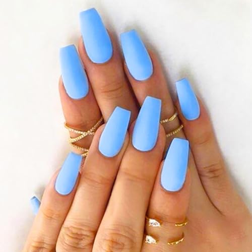 Brishow Kurz Künstliche Nägel zum Aufkleben Blau Matt Press on Nails Ballerina Acryl Pure Color Falsche Nägel 24 Stück für Frauen und Mädchen (blau) von Brishow