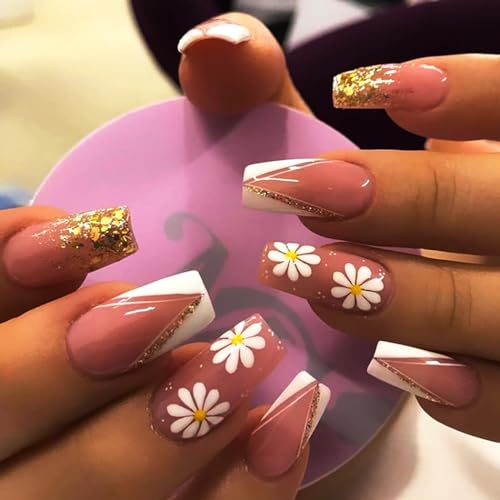 Brishow Nägel zum Aufkleben Lang, Press on Nails mit Gold Pailletten, French Rosa Künstliche Nägel mit Daisy, Ballerina Acryl Falsche Nägel 24pcs für Frauen und Mädchen von Brishow