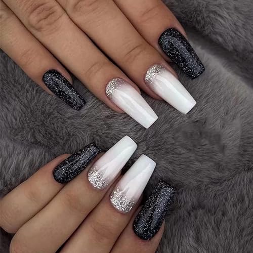 Brishow Künstliche Nägel Lang Glitzer Nägel zum Aufkleben Schwarz und Weiß Press on Nails Ballerina Acryl Fake Nails 24 Stück für Frauen und Mädchen … von Brishow